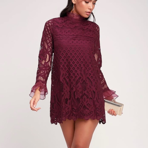burgundy lace dress long sleeve
